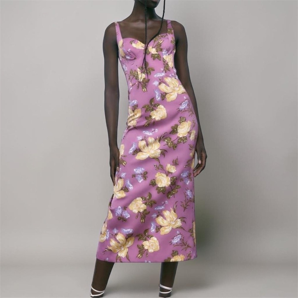ZARA Floral Corset Midi Dress Purple Satin S Coquette Party Bloggers Favorite